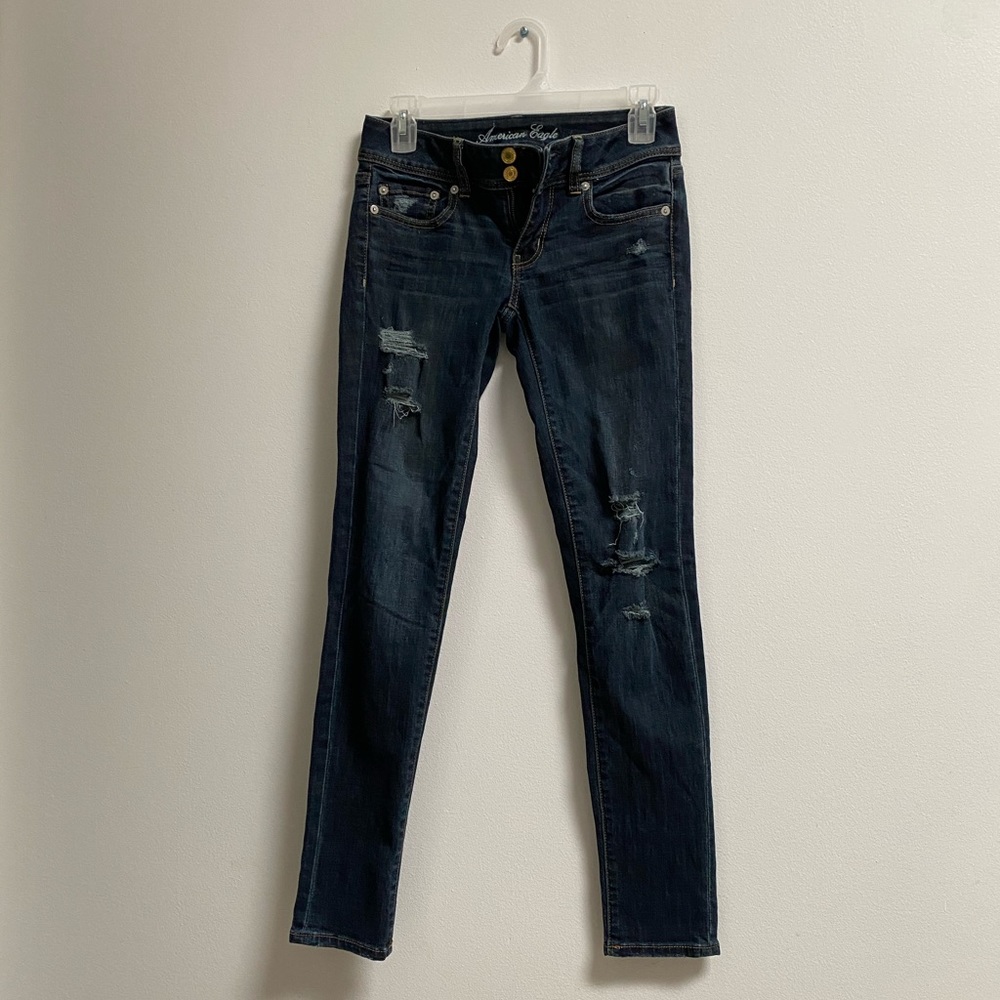 American Eagle Distressed Dark Wash Skinny Jeans 0 Regular